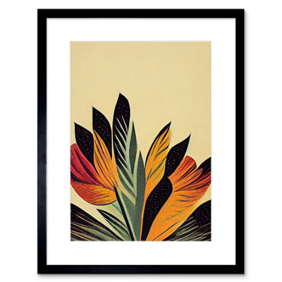 B&Q -  Wall Art Print Abstract Retro Art Nouveau Flowers In Bloom Black Gold Artwork Framed 9X7 Inch