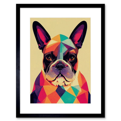 Artery8 Wall Art Print Vibrant Colourful Geometric French Bulldog Portrait Design Artwork Framed 9X7 Inch from B&Q
