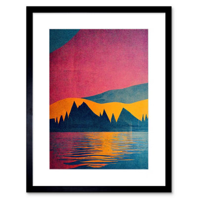 Artery8 Wall Art Print Sunset At Lakeside Modern Colourful Pop Art Design Artwork Framed 9X7 Inch from B&Q
