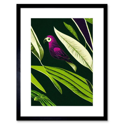 Artery8 Wall Art Print Pink Parrot And Tropical Plant Leaves Vintage Linocut Pattern Detail Artwork Framed 9X7 Inch from B&Q