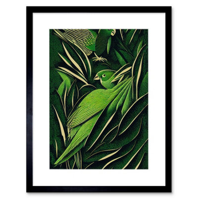 Artery8 Wall Art Print Green Modern Vintage Retro Abstract Jungle Tropical Leaves Parrots Artwork Framed 9X7 Inch from B&Q