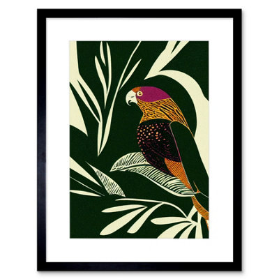 B&Q -  Wall Art Print Green Orange Pink Cream Modern Vintage Tropical Plant Leaves With Bird Artwork Framed 9X7 Inch