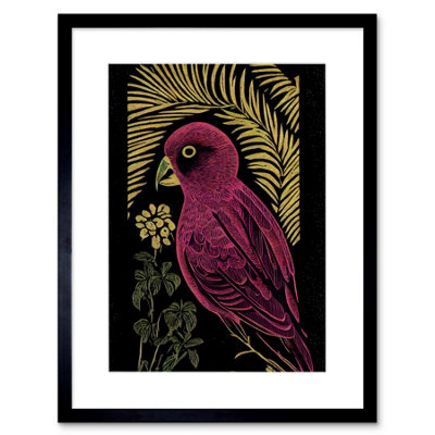 Artery8 Wall Art Print Pink Parrot Bird Black Gold Tropical Plants Modern Vintage Linocut Artwork Framed 9X7 Inch from B&Q