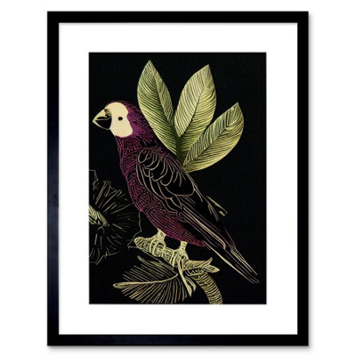 Artery8 Wall Art Print Burgundy Parrot Leaves Tree Branch On Black Vintage Linocut Artwork Framed 9X7 Inch from B&Q