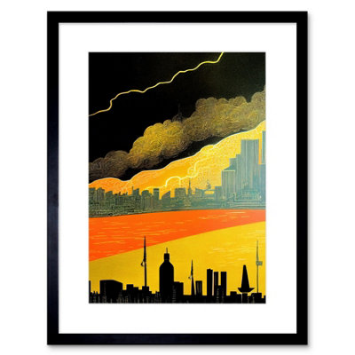 Artery8 Wall Art Print Modern Black Yellow Orange Linocut London Skyline Cityscape Storm Lightning Artwork Framed 9X7 Inch