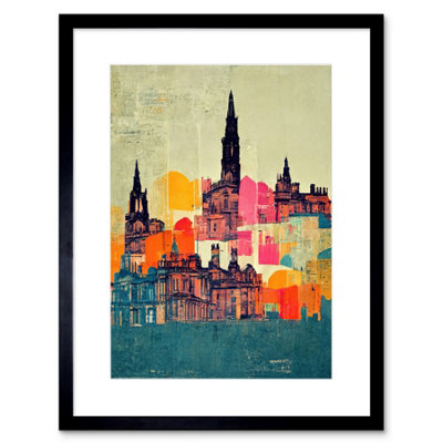 Artery8 Wall Art Print Boho Abstract Multi Coloured Cityscape Skyline Painting Folk Artwork Framed 9X7 Inch from B&Q