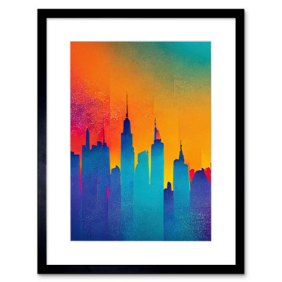 Artery8 Wall Art Print Modern Abstract Warm Bright Colourful New York Sunset Skyline Artwork Framed 9X7 Inch from B&Q