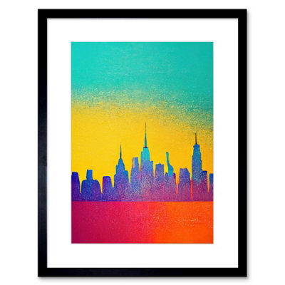 Artery8 Wall Art Print Bright Colourful Abstract New York Skyline Cityscape Yellow Blue Coral Turquoise Artwork Framed 9X7 Inch from B&Q