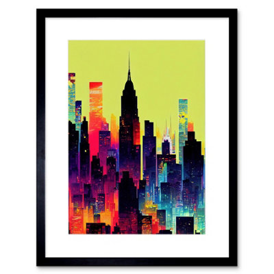 Artery8 Wall Art Print New York Vibrant Multi Coloured Graphic Design Skyscraper Cityscape Silhouette Artwork Framed 9X7 Inch from B&Q
