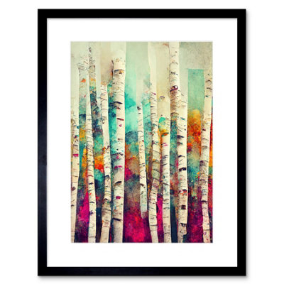 Artery8 Wall Art Print Abstract Multi Coloured Birch Tree Forest Vibrant Colourful Oil Painting Artwork Framed 9X7 Inch from B&Q