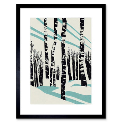 Artery8 Wall Art Print Modern Birch Tree Forest In Winter Modern Stencil Design Monochrome And Teal Artwork Framed 9X7 Inch from B&Q