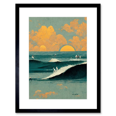 Artery8 Wall Art Print Surfers Surfing Chasing Waves At Sunset Teal Mustard Abstract Oil Paint Artwork Framed 9X7 Inch from B&Q