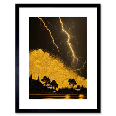 Artery8 Wall Art Print Gold And Black Thunder Storm With Bright Lightning At Lakeside Tree Silhouette Artwork Framed 9X7 Inch from B&Q