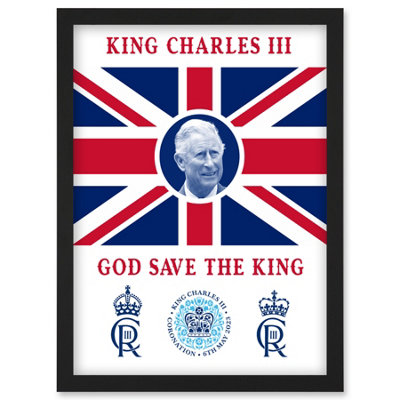 B&Q -  King Charles Iii Coronation God Save The King Union Jack Crest And Emblem Wall Art PrintA4 Size