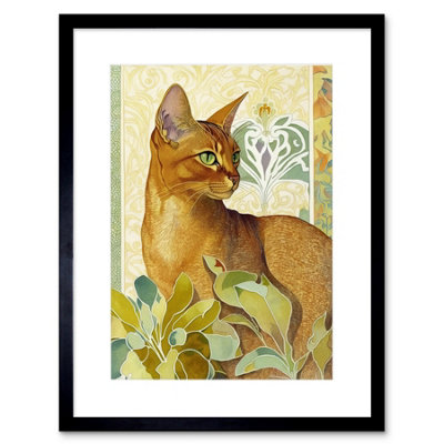 Artery8 Wall Art Print Abyssinian Cat With Plants Art Nouveau Bright Modern Watercolour Artwork Framed 9X7 Inch from B&Q