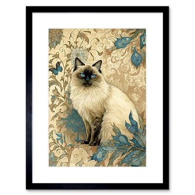 Artery8 Wall Art Print Blue Point Ragdoll Cat With Teal Plants Art Nouveau Watercolour Artwork Framed 9X7 Inch from B&Q