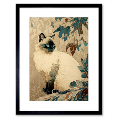 Artery8 Wall Art Print Blue Point Ragdoll Cat And Plant Pattern Art Nouveau Modern Artwork Framed 9X7 Inch from B&Q