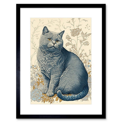 Artery8 Wall Art Print William Morris Inspired Cat Portrait With Flowers Modern Artwork Framed 9X7 Inch from B&Q