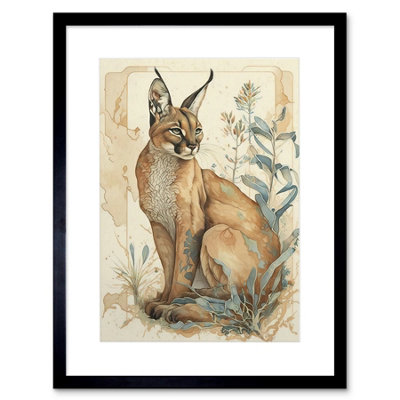 Artery8 Wall Art Print Caracal Cat With Teal Plants Modern Pastel Watercolour Artwork Framed 9X7 Inch from B&Q