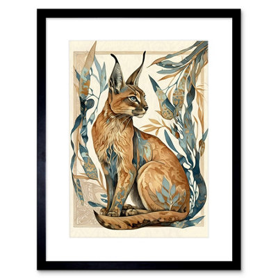 Artery8 Wall Art Print Caracal Cat With Teal Plants Modern Art Nouveau Watercolour Artwork Framed 9X7 Inch from B&Q