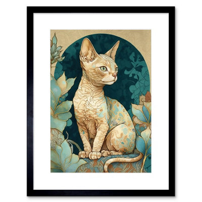 B&Q -  Wall Art Print Devon Rex Cat With Pattern Fur Art Nouveau Modern Artwork Framed 9X7 Inch