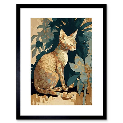 B&Q -  Wall Art Print Devon Rex Cat With Flower Pattern Fur Modern Artwork Framed 9X7 Inch
