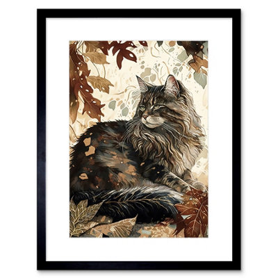 Artery8 Wall Art Print Maine Cat In Autumn Leaves Modern Watercolour Ink Artwork Framed 9X7 Inch from B&Q