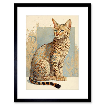 Artery8 Wall Art Print Ocicat Cat With Turquoise Rosette Pattern Fur Modern Watercolour Artwork Framed 9X7 Inch from B&Q