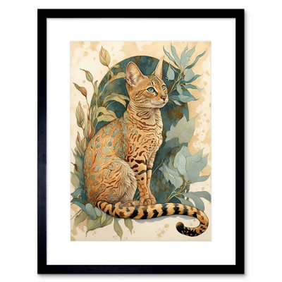 Artery8 Wall Art Print Ocicat Cat With Teal Rosette Pattern Fur And Leafy Plants Watercolour Artwork Framed 9X7 Inch from B&Q