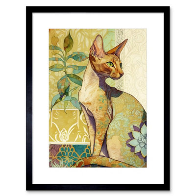 Artery8 Wall Art Print Oriental Shorthair Cat With Art Nouveau Botanical Patterns Colourful Watercolour Artwork Framed 9X7 Inch from B&Q