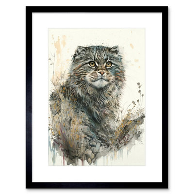 Artery8 Wall Art Print Manul Pallas Cat Portrait In Wildflowers Watercolour Artwork Framed 9X7 Inch from B&Q