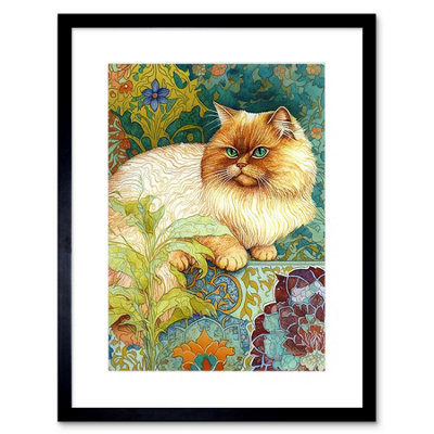 Artery8 Wall Art Print Orange Persian Cat William Morris Inspired Floral Pattern Colourful Modern Artwork Framed 9X7 Inch from B&Q