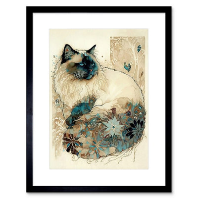 Artery8 Wall Art Print Ragdoll Cat With Floral Pattern Tail Modern Watercolour Artwork Framed 9X7 Inch from B&Q