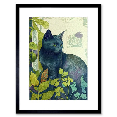 B&Q -  Wall Art Print Russian Blue Cat With Bright Ornate Plants Modern Art Nouveau Artwork Framed 9X7 Inch