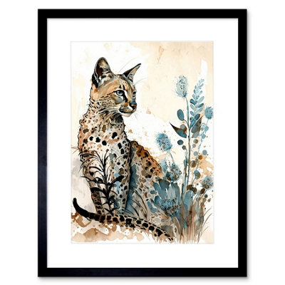 Artery8 Wall Art Print Savannah Cat And Wildflowers Modern Watercolour And Ink Artwork Framed 9X7 Inch from B&Q