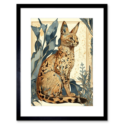 Artery8 Wall Art Print Serval Cat With Teal Plants Watercolour Portrait Modern Artwork Framed 9X7 Inch from B&Q