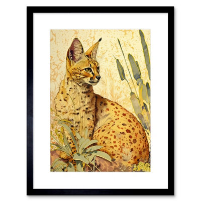 Artery8 Wall Art Print Serval Cat In Nature Detailed Watercolour And Ink Bright Artwork Framed 9X7 Inch from B&Q