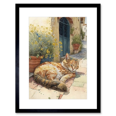 Artery8 Wall Art Print Cat Sunbathing In Mediterranean Village Street Watercolour Artwork Framed 9X7 Inch from B&Q