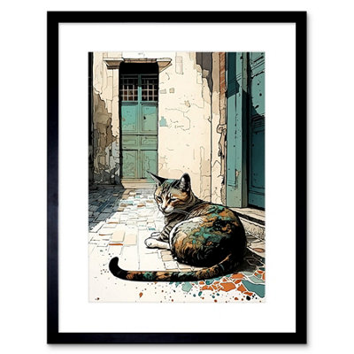 Artery8 Wall Art Print Street Cat Sunbathing On Cobblestone Street Modern Artwork Framed 9X7 Inch from B&Q