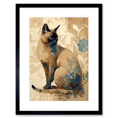 Artery8 Wall Art Print Tonkinese Cat With Blue Flower Modern Watercolour Artwork Framed 9X7 Inch from B&Q