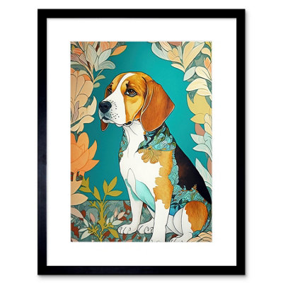 B&Q -  Wall Art Print Beagle Dog With Floral Frame And Ornate Fur Coat Colourful Modern Art Nouveau Artwork Framed 9X7 Inch