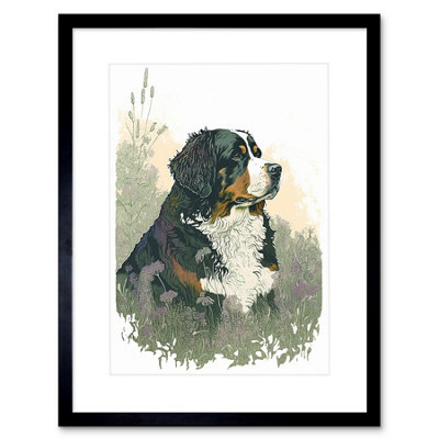 Artery8 Wall Art Print Bernese Mountain Dog In Wild Flower Field Watercolour Artwork Framed 9X7 Inch from B&Q