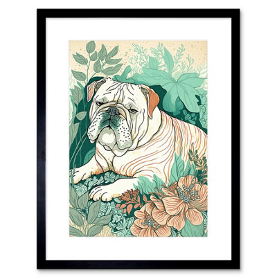 Artery8 Wall Art Print Bulldog Lying In A Flower Field Modern Pastel Colour Linocut Artwork Framed 9X7 Inch from B&Q