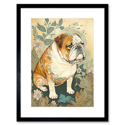 Artery8 Wall Art Print Bulldog With Ornate Pattern Fur Coat In Flower Field Modern Watercolour Artwork Framed 9X7 Inch from B&Q