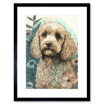 Artery8 Wall Art Print Cockapoo Dog In Wildflower Field Pastel Watercolour Artwork Framed 9X7 Inch from B&Q