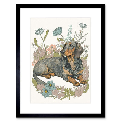 Artery8 Wall Art Print Dachshund Dog Lying In Flower Field Pastel Watercolour Artwork Framed 9X7 Inch from B&Q
