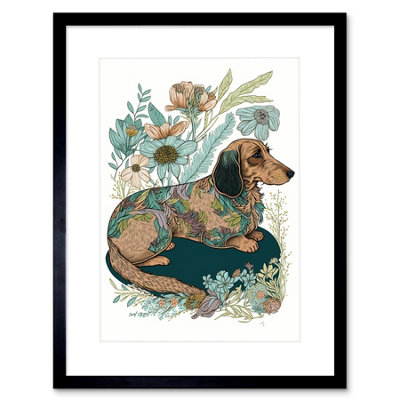 Artery8 Wall Art Print Multicoloured Fur Dachshund Dog With Spring Flowers Modern Watercolour Artwork Framed 9X7 Inch from B&Q