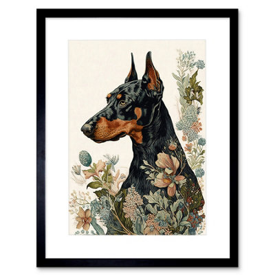 Artery8 Wall Art Print Doberman Dog With Wild Flowers Boho Watercolour Artwork Framed 9X7 Inch from B&Q