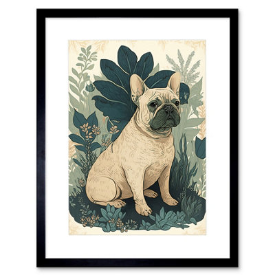 Artery8 Wall Art Print French Bulldog And Tropical Plants Modern Pastel Colour Boho Artwork Framed 9X7 Inch from B&Q