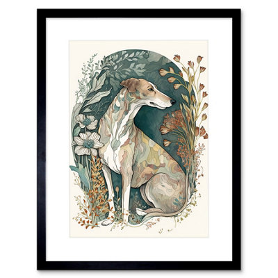 Artery8 Wall Art Print Greyhound Dog In Flower Field Modern Pastel Boho Watercolour Artwork Framed 9X7 Inch from B&Q